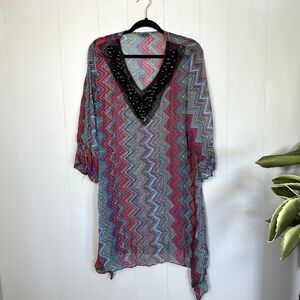 Foglie Rosse Sheer Bright Beaded Long Tunic Swim Cover-Up 3/4 Sleeves Boho beach